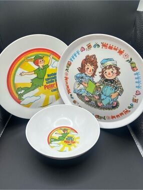 Kids Plate and Bowl Set with Peter Pan and Raggedy Ann Designs 1983, 1969